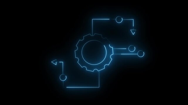 Schematic diagram animation connects an industrial mechanical gear. Automated electrical engineering data routes through the diagram. Smart mechanical machinery systems run with the diagram.