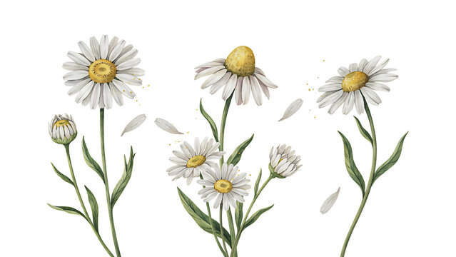 Watercolor white daisy flowers with yellow centers and green stems isolated on a transparent background