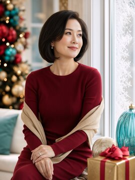Elegant mature Asian woman sitting by a window at Christmas. Thoughtful female in a burgundy dress with a shawl looking out the window with holiday decorations