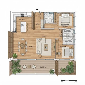 Top down 2d architectural floor plan for a modern luxury residential apartment