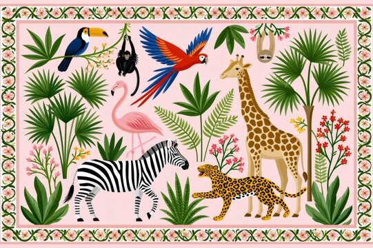 Safari jungle animals illustration with tropical plants and border