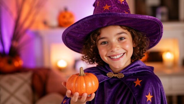 Smiling young child in purple witch costume holding a small pumpkin. Happy kid celebrating Halloween. Close up portrait with warm festive background