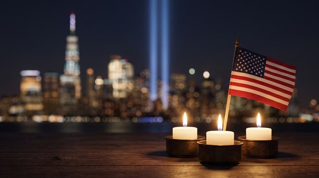 Three burning candles and a small American flag rest on a wooden ledge with a blurred city skyline at night in the background.