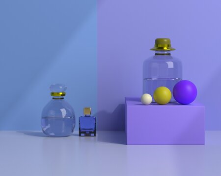 Apothekerflakon aus klarem Glas mit Miniflakons und drei Kugeln auf Podest in Hellblau