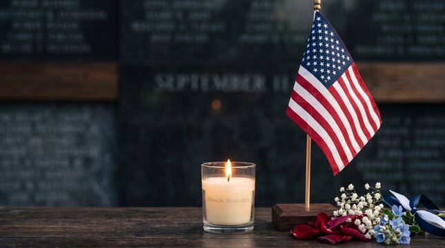 Lit candle and a small American flag rest beside flowers on a dark wooden surface near a memorial wall.