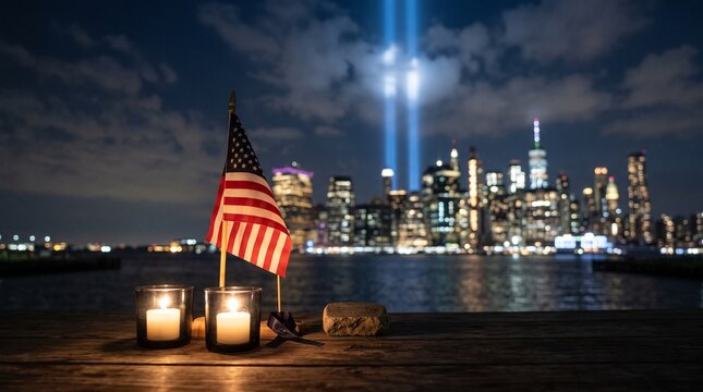 American flag and burning candles sit on a wooden ledge with a city skyline illuminated by beams of light in the background at night.