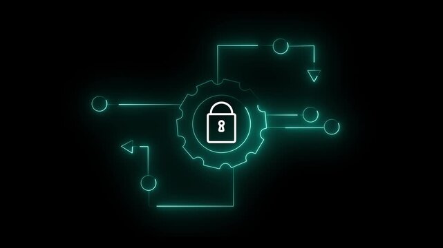 Schematic diagram animation connects a mechanical gear with a lock. Automated security engineering data routes through the diagram. Industrial data protection systems use the schematic diagram.
