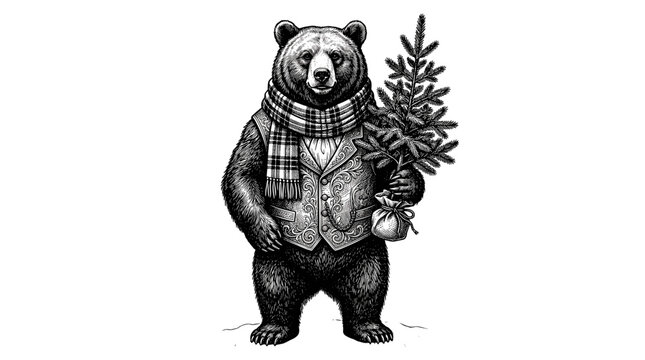 Bear holding a Christmas tree in a scarf and vest  