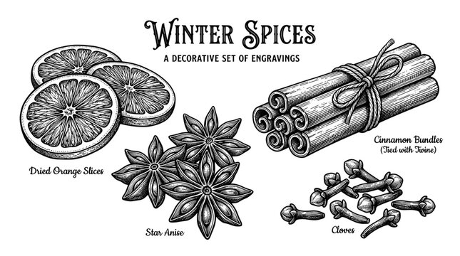 Decorative winter spices including dried orange, star anise, and cinnamon  