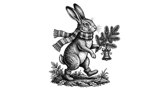 Rabbit carrying a branch and bell while wearing a scarf for Christmas  