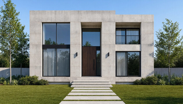 Modern concrete exterior luxury house facade with large windows and green lawn