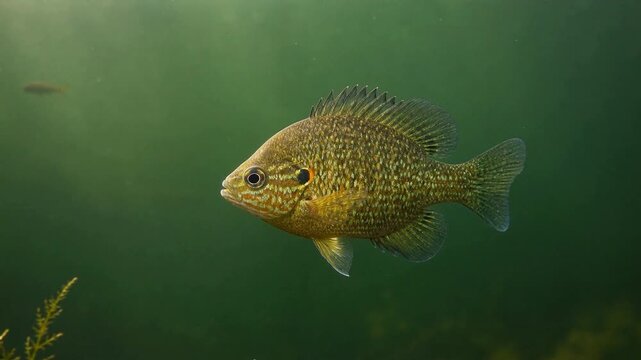 Freshwater sunfish swims through green water with sparse aquatic plants