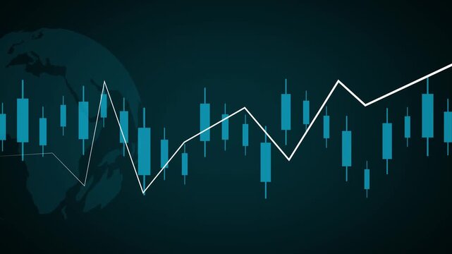 Candlestick chart animation tracks stock market data over a globe. Global financial investment analytics update on candlestick chart. International currency trading routes on the candlestick chart.