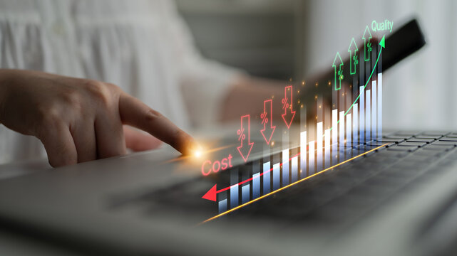 Business Growth Analysis with Cost and Quality Indicators Displayed on Laptop Screen in Modern Office Environment. Bitwise.