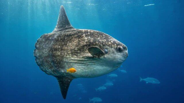 Ocean sunfish swims through sunlit blue water with a small orange fish below