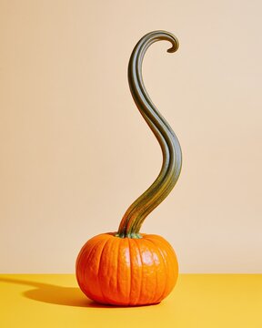 Orange pumpkin with an impossibly long curling stem on a sand-beige background, a playful hyperreal harvest object for autumn retail and banners
