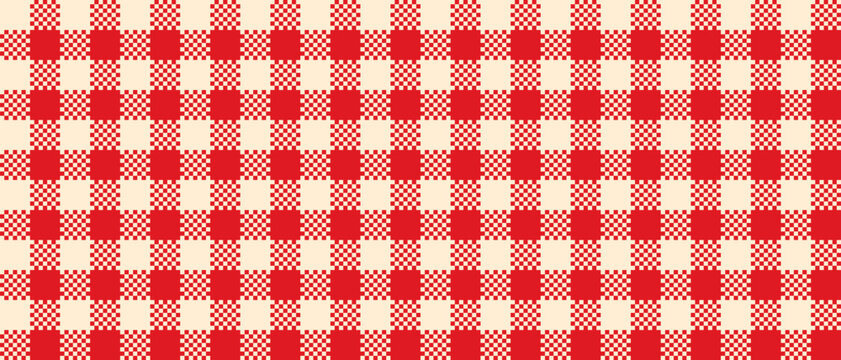 Seamless red-beige gingham check pattern with vintage plaid squares, classic picnic kitchen tablecloth texture and cute textile grid design, rustic woven fabric background. Vector illustration 