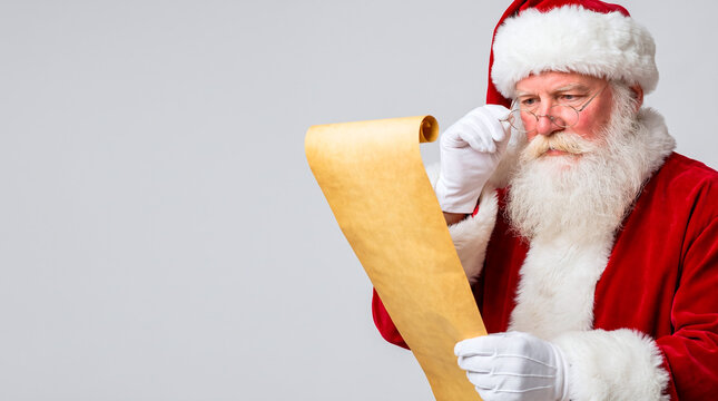 Santa Claus reading a long scroll of paper while wearing his traditional red velvet suit costume