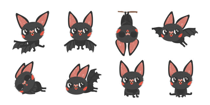 Set of cute bats with different poses and expressions. Scene is lighthearted and playful
