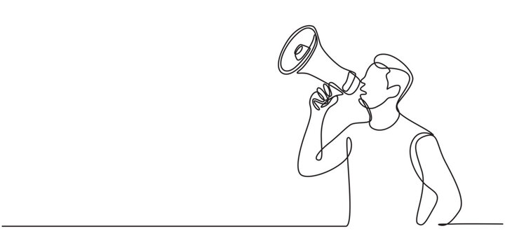 Continuous one line drawn a man talking into a loudspeaker. A male spoke excitedly while holding the megaphone. The concept of announcement, warning, oratory, eloquence, loud statement, publicity