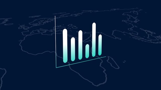 Bar chart animation tracks international business data on a map. Global economic market analytics update across the active bar chart. Worldwide financial revenue growth drives this bar chart.