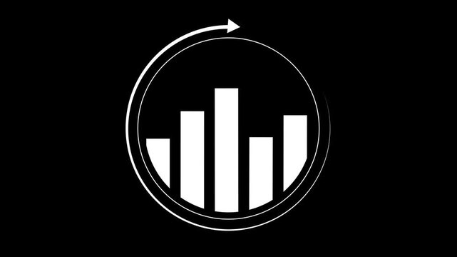 Bar chart graphic animation displays a rotating reload cycle arrow. Corporate financial data synchronization updates on bar chart graphic. Business economic analytics refresh on the bar chart.