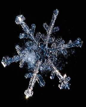 Snowflakes exploded view of a single ice crystal with separated components in a dark void, sharp and cold for science and winter