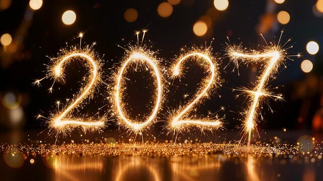 Sparkling Glowing 2027 Text with Golden Fireworks and Glitter Base