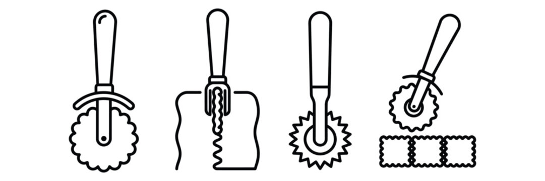 Set Of Four Black And White Lineart Pizza Cutters And Pasta Rolling Wheel Icons Isolated On Transparent Background