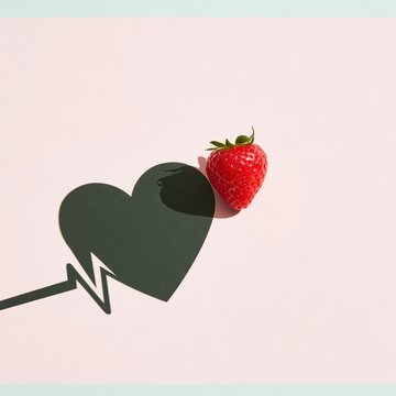 Single red strawberry on a pink surface with a heart shaped shadow and pulse line for heart health and nutrition campaigns, copy space