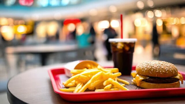 A tray with french fries, a burger, sauce, and a drink on a table, with a shopping mall food court in the background. Concept of fast food, a quick bite, shopping, and a lunch break