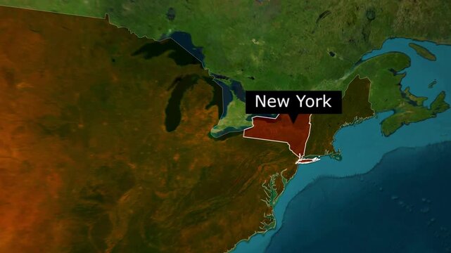 Zooming into the state of New York on an animated USA satellite map with a location pin