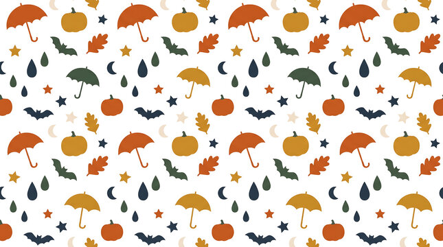Autumn Seamless Pattern with Pumpkins, Colorful Umbrellas, Falling Leaves, Clouds and Raindrops on White Background
