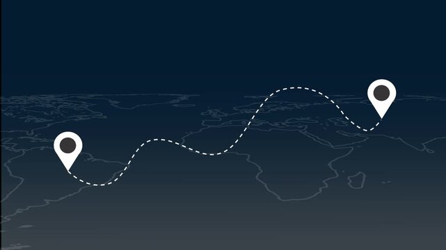 World map animation traces a dashed travel route between pins. Global navigation itinerary tracking coordinates on the world map. International destination waypoints link across the map.