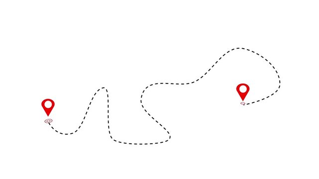 Location pins animation links travel waypoints with dashed tracks. Geographic navigation itinerary telemetry guides the location pins. Destination journey route planning uses the location pins.