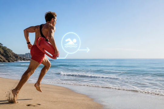 Lifeguard Sprinting Toward Water with Response Hologram Copy Space