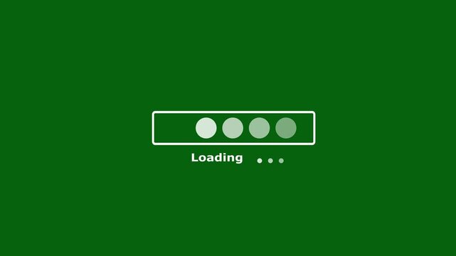 Loading bar animation displays sequential circles and status text. System software buffering progress updates on the loading bar. Digital user interface waiting runs across the loading bar.