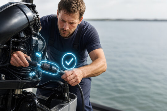 Marine Mechanic Repairing Outboard Motor with Connection Copy Space