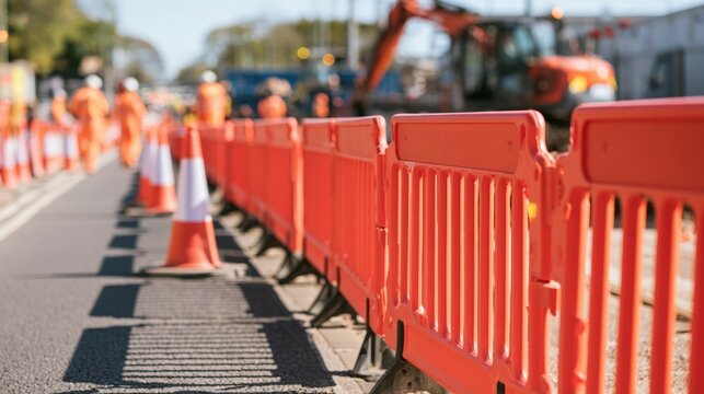 Construction site with orange safety barriers and traffic cones along a road, featuring workers in orange uniforms and machinery in the background, indicating ongoing roadwork and safety measures