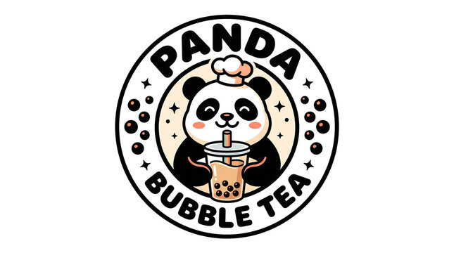Panda Bubble Tea logo design, cute cartoon panda chef drinking boba milk tea, circular cafe emblem with black and white mascot character