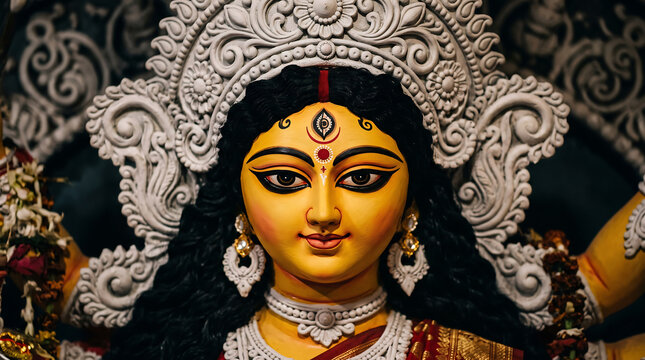 Goddess Durga idol face with traditional yellow skin and third eye, ornate Hindu deity sculpture for Durga Puja festival, divine Indian mythology art
