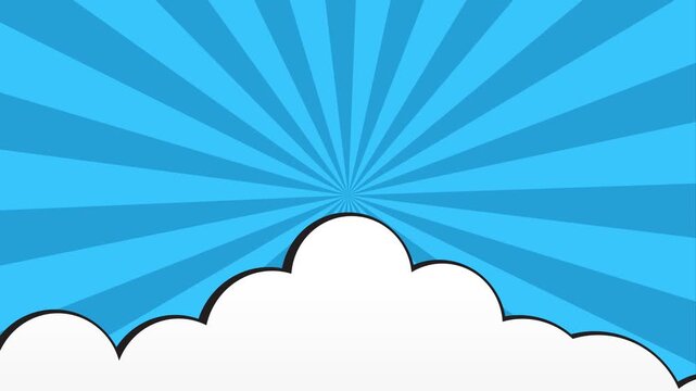 Blue comic book style background with radial sunburst rays and white clouds at the bottom