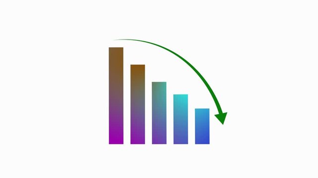 Bar chart animation tracks falling columns with a downward arrow. Corporate financial revenue loss reflects on this active bar chart. Negative economic business performance marks the bar chart.