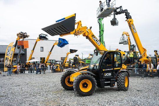 09.11.2026 - Lviv, Ukraine: JCB construction machinery displayed at a construction equipment exhibition, showcasing heavy machinery, excavators and industrial equipment 