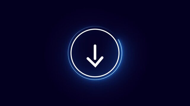 Download symbol animation displays a downward arrow inside a circle. Digital file retrieval progress updates along this download symbol. Network data transfer workflows operate through symbol.