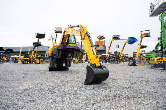 09.11.2026 - Lviv, Ukraine: JCB construction machinery displayed at a construction equipment exhibition, showcasing heavy machinery, excavators and industrial equipment 