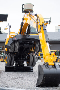 09.11.2026 - Lviv, Ukraine: JCB construction machinery displayed at a construction equipment exhibition, showcasing heavy machinery, excavators and industrial equipment 