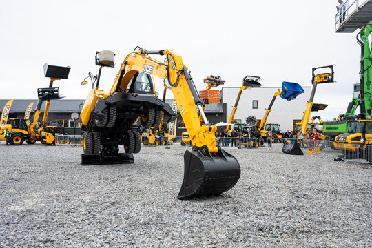 09.11.2026 - Lviv, Ukraine: JCB construction machinery displayed at a construction equipment exhibition, showcasing heavy machinery, excavators and industrial equipment 