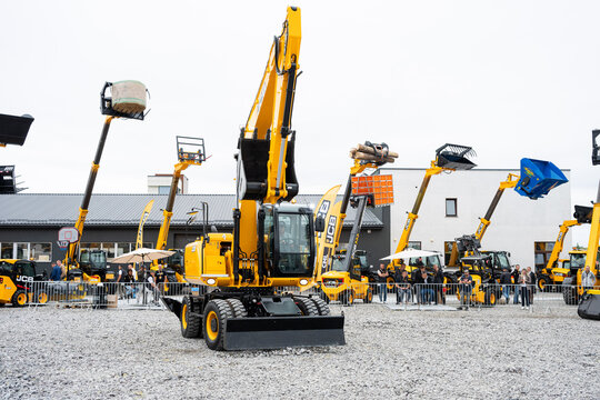 09.11.2026 - Lviv, Ukraine: JCB construction machinery displayed at a construction equipment exhibition, showcasing heavy machinery, excavators and industrial equipment 