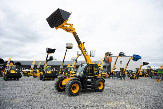 09.11.2026 - Lviv, Ukraine: JCB construction machinery displayed at a construction equipment exhibition, showcasing heavy machinery, excavators and industrial equipment 